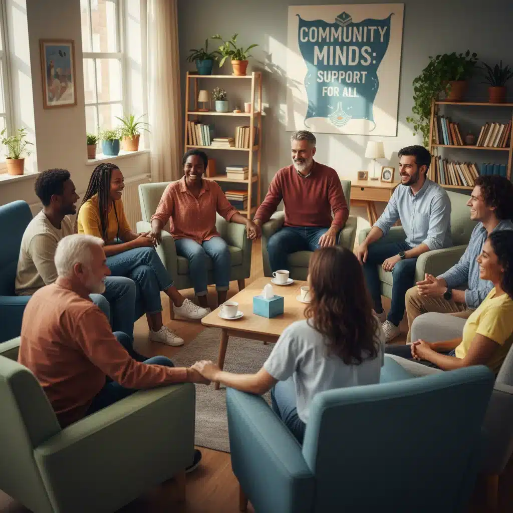 Grupo diverso de personas participando en una sesión de terapia grupal, simbolizando el apoyo comunitario y la accesibilidad.