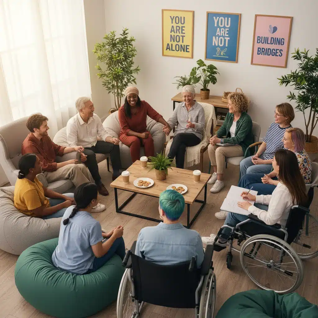 Grupo de personas en terapia comunitaria recibiendo apoyo