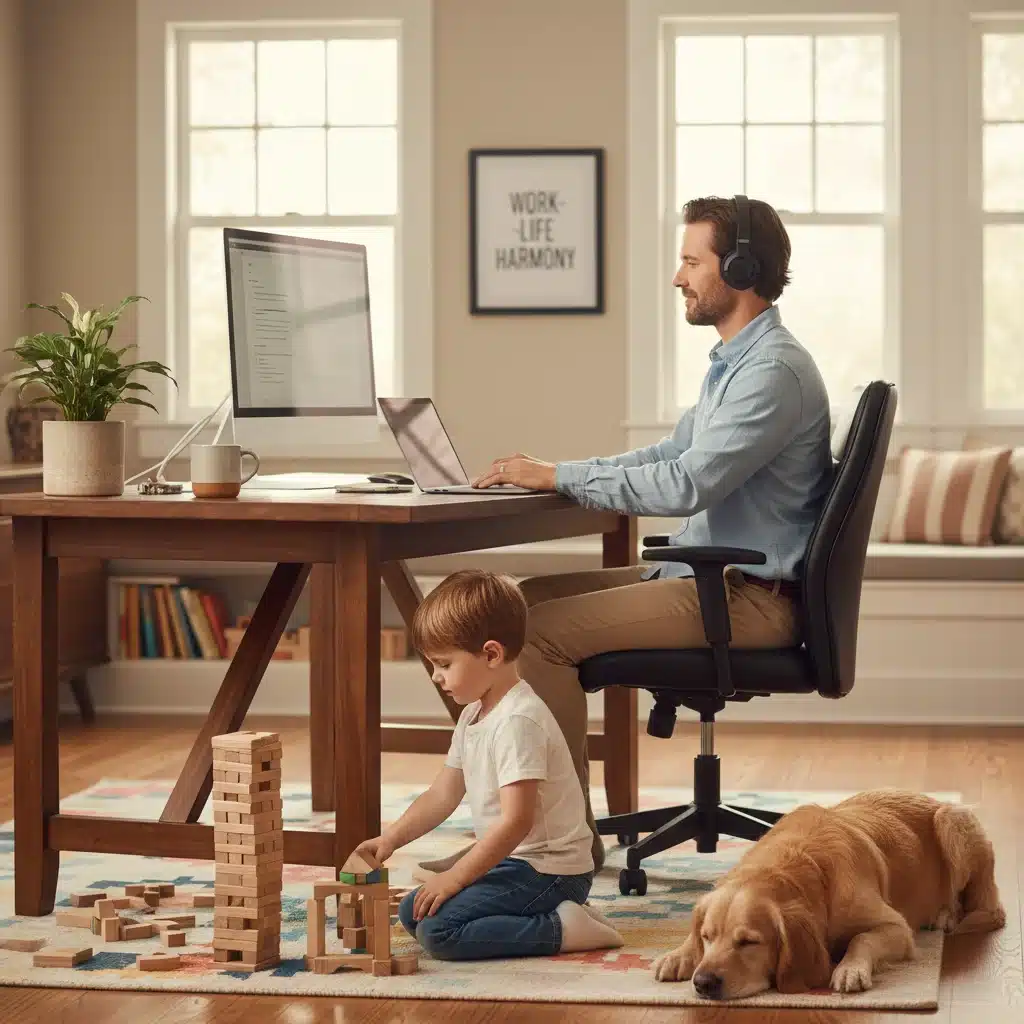 Padre trabajando desde casa con su hijo, ejemplo de flexibilidad laboral.