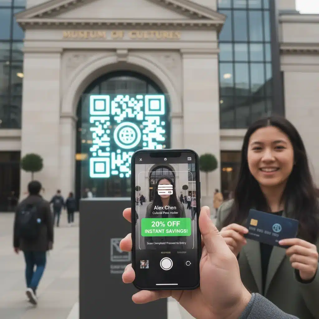 Persona utilizando una tarjeta cultural digital en la entrada de un museo, mostrando un descuento.