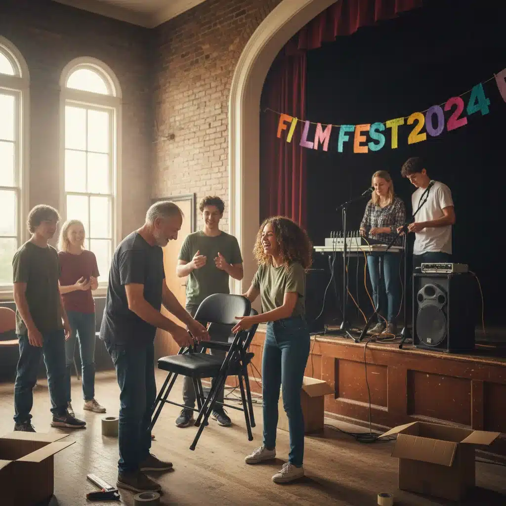 Voluntarios colaborando entusiastamente en la preparación de un espacio para un festival de cine independiente, mostrando trabajo en equipo.