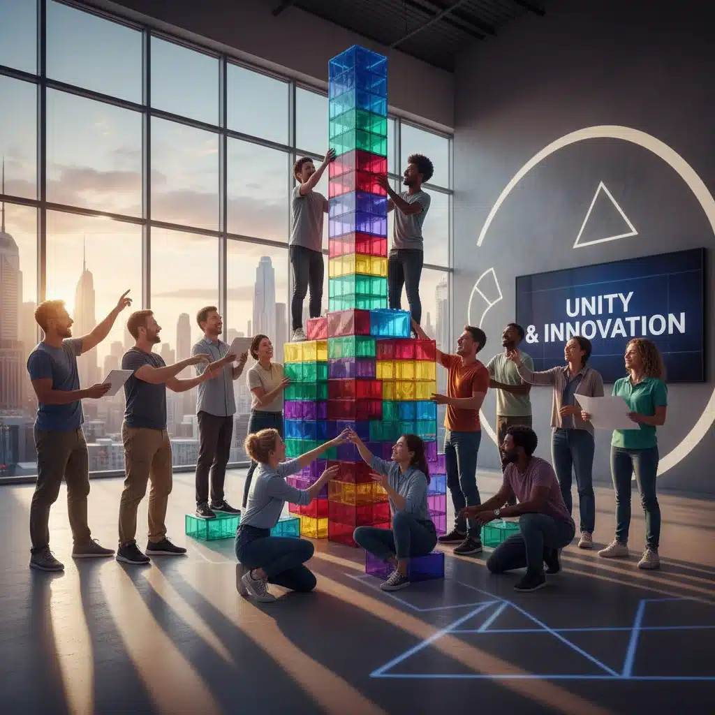 Grupo diverso de personas colaborando y apoyándose mutuamente, construyendo una estructura con bloques, representando el apoyo social y el trabajo en equipo.