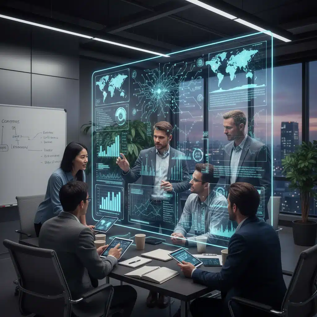 Equipo de profesionales diversos colaborando en torno a una pantalla interactiva, simbolizando la importancia del trabajo en equipo y la tecnología en los perfiles laborales del futuro.