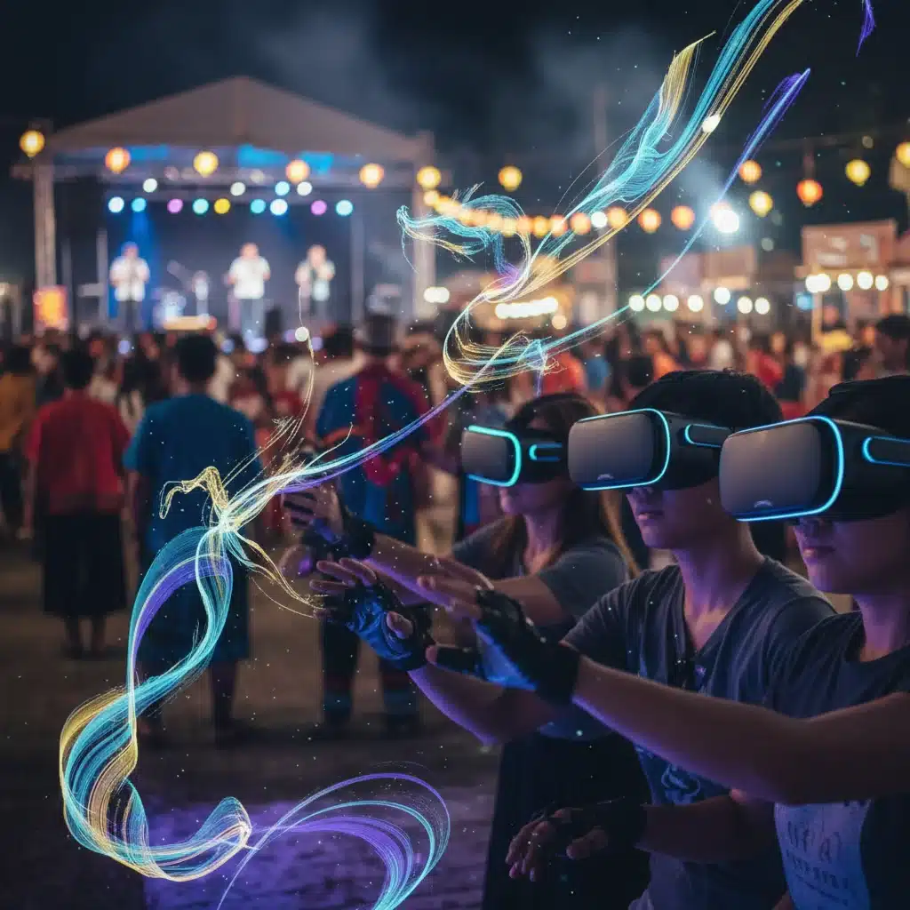 Participantes en un festival cultural experimentando una instalación de arte digital inmersiva con gafas de realidad virtual.