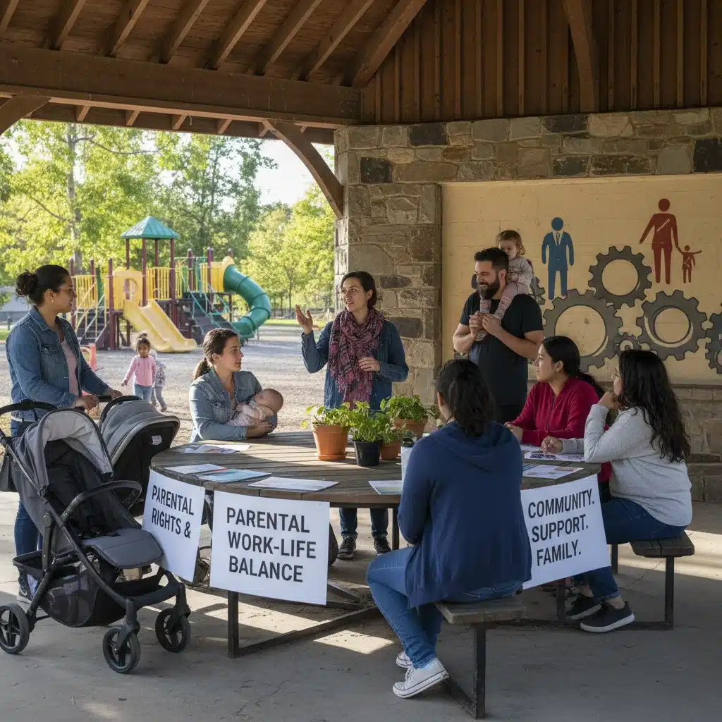 Grupo de padres y madres interactuando en un taller sobre derechos de conciliación familiar.