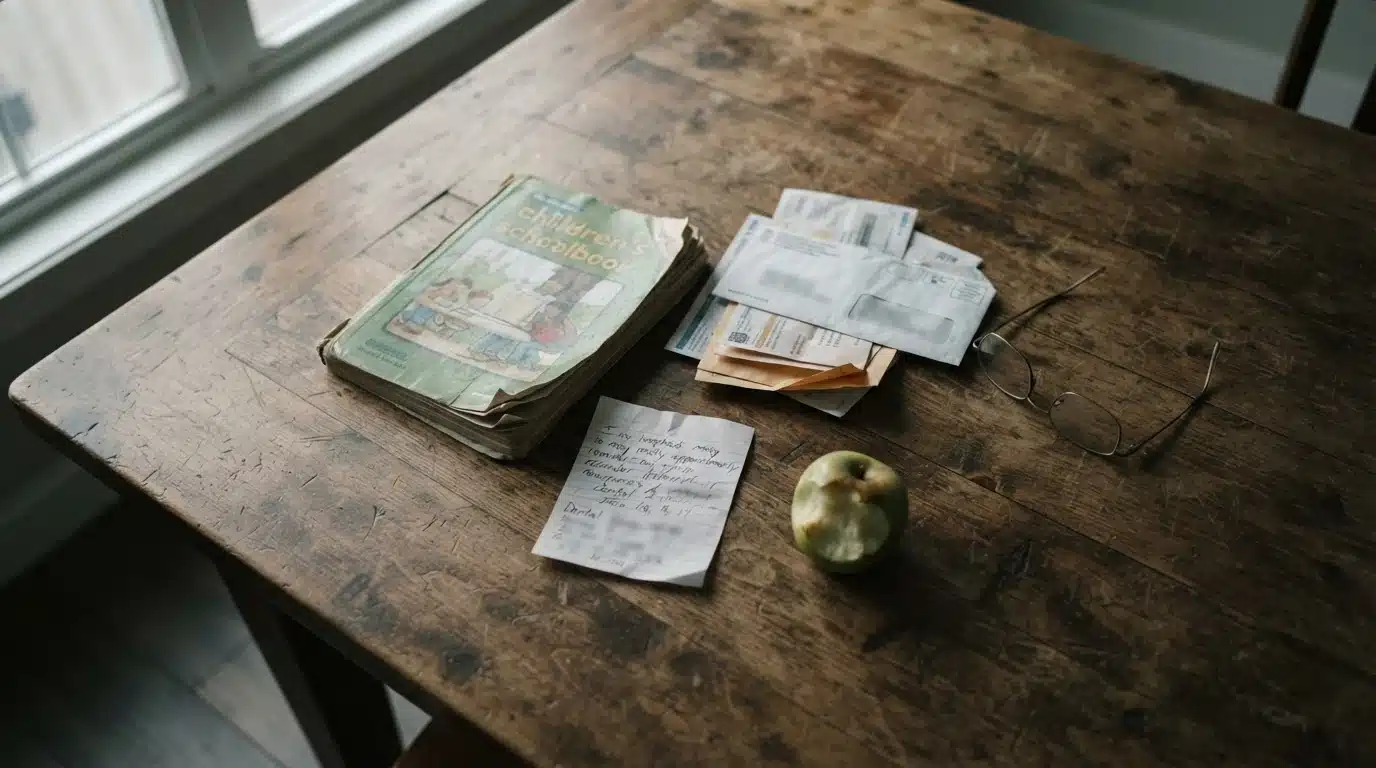 Vista cenital de una mesa de comedor con objetos familiares cotidianos, simbolizando gastos prioritarios sobre citas médicas.