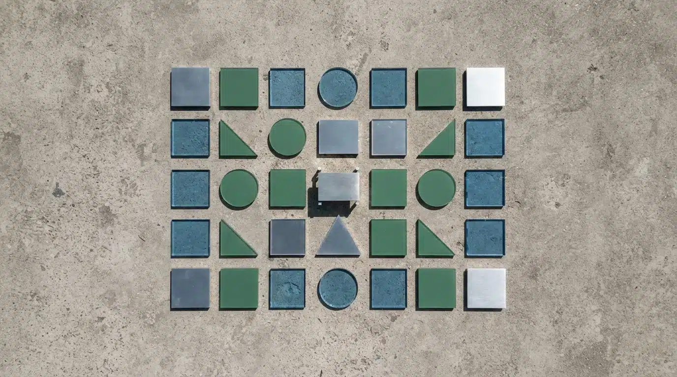 Fotografía aérea de formas geométricas de metal y acrílico sobre concreto, representando una comparativa de seguros de salud.