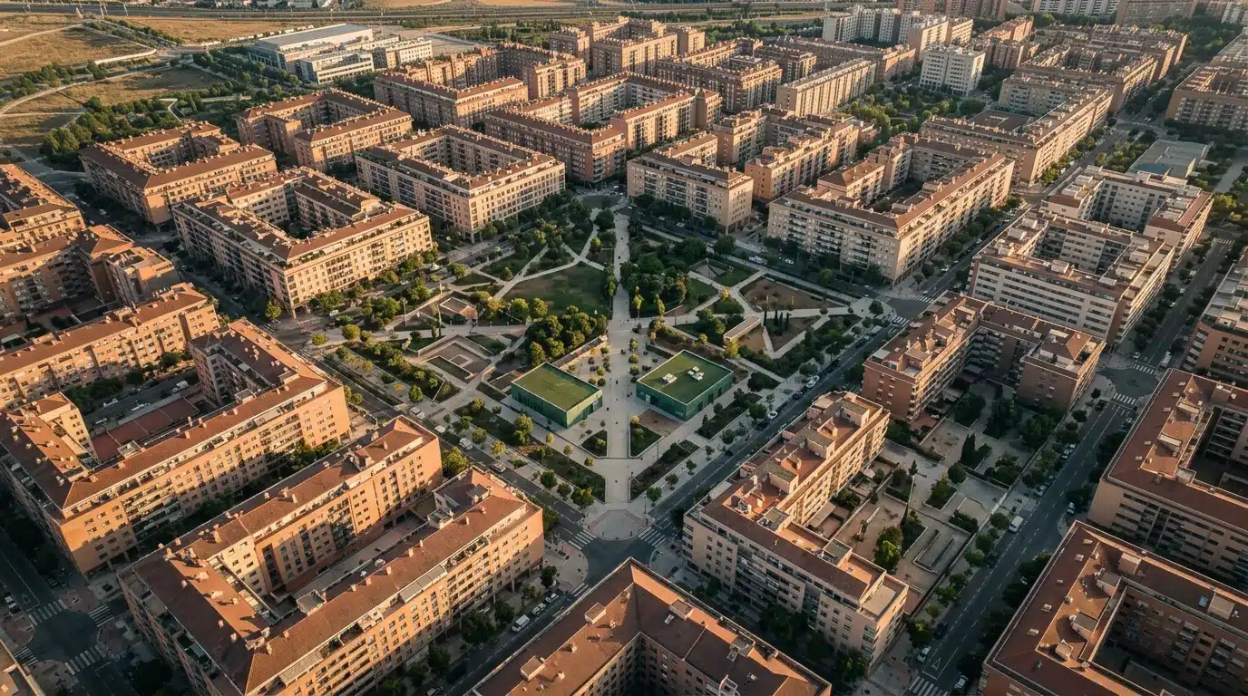 Vista aérea de un plan urbano complejo en España con edificios residenciales y clínicas comunitarias, iluminado por el sol de la tarde.