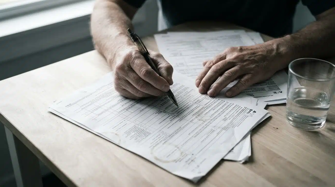 Manos examinando cuidadosamente documentos oficiales y criterios de elegibilidad para la cobertura de salud pública en España.