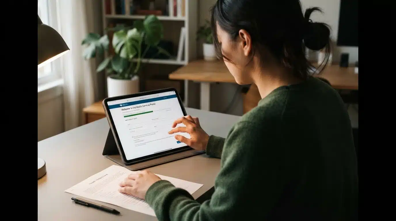 Persona completando una solicitud de cobertura de salud pública en línea, con formularios impresos y un ambiente de oficina en casa.
