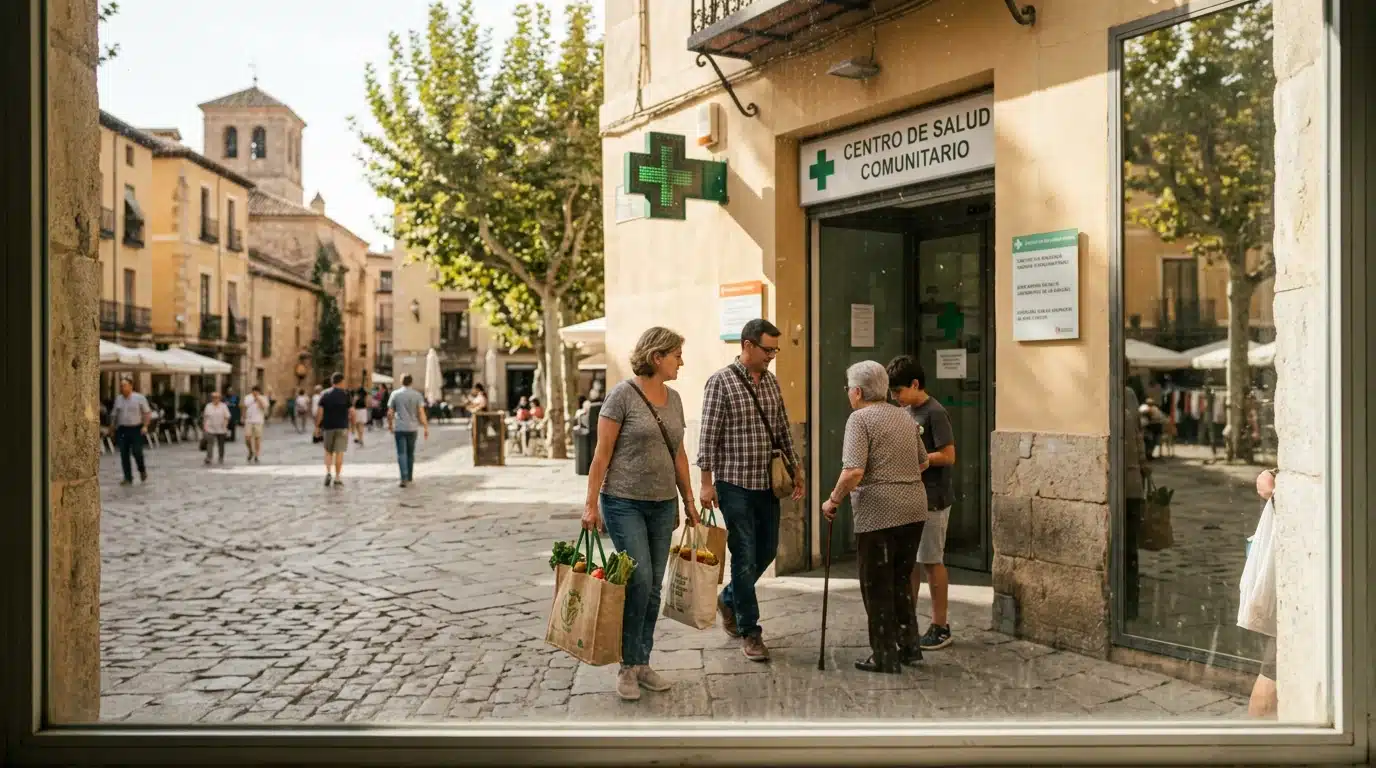 Una escena comunitaria vibrante en una plaza española, que simboliza el acceso universal a la salud pública en España, en contraste con programas como Medicaid.