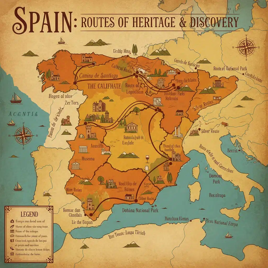 Mapa detallado de España mostrando rutas culturales y sitios de patrimonio, con iconos de atracciones.