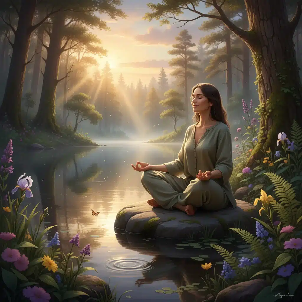 Persona meditando en un entorno natural tranquilo, con una expresión serena, simbolizando la práctica del mindfulness y la calma interior.