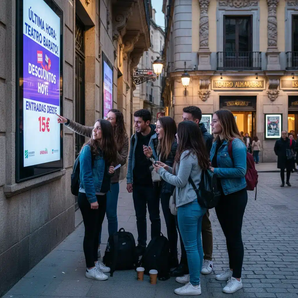 Jóvenes consultando ofertas de último minuto para obras de teatro con descuentos significativos.