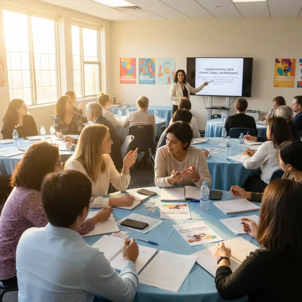 Padres discutiendo los cambios de la Ley de Familias de 2026 en un taller
