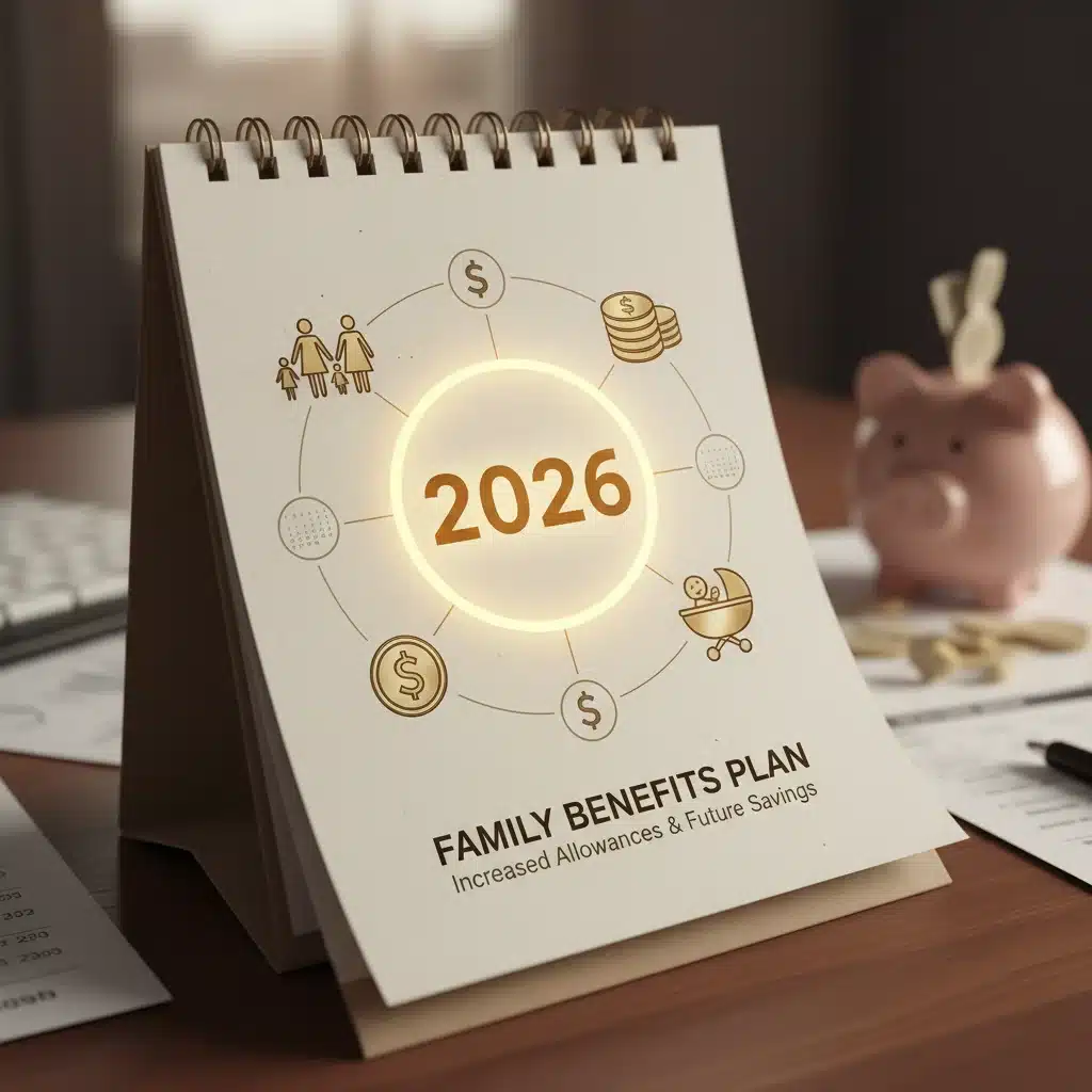 Calendario 2026 con iconos de familia y dinero, representando el futuro de las ayudas.