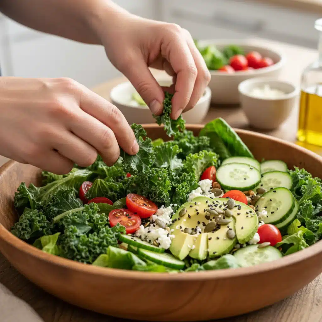 Manos preparando una ensalada fresca y saludable, destacando la importancia de la preparación consciente de los alimentos.