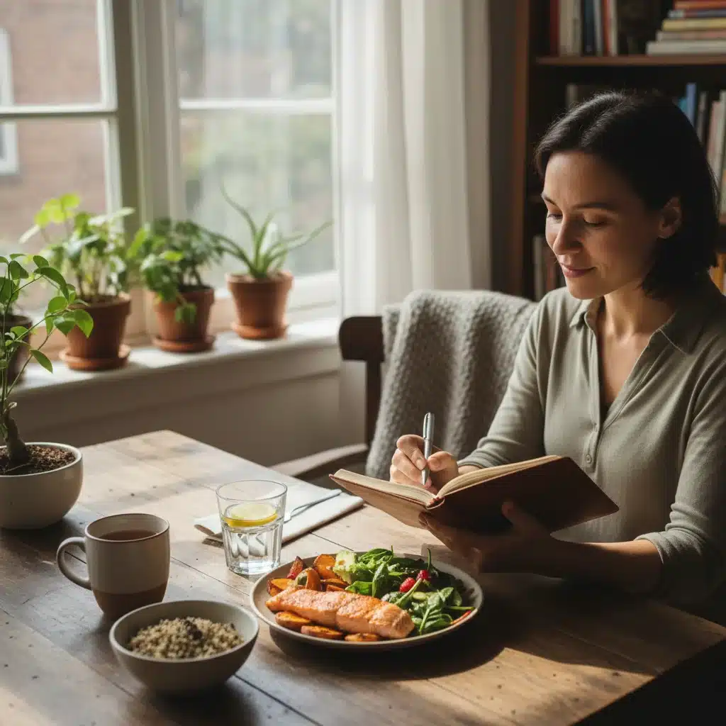 Persona escribiendo en un diario mientras come una comida equilibrada, simbolizando la reflexión y la intencionalidad en los hábitos alimenticios.