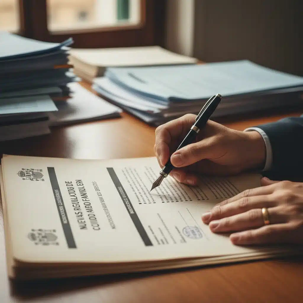 Manos revisando un documento legal sobre nuevas leyes de conciliación familiar en España.