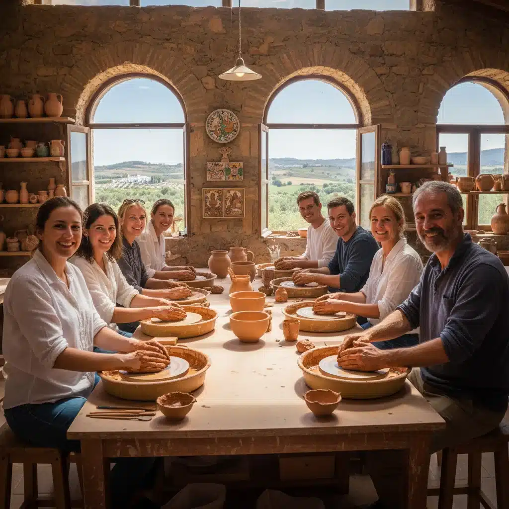 Turistas participando en un taller interactivo de cerámica tradicional española con un artesano local.