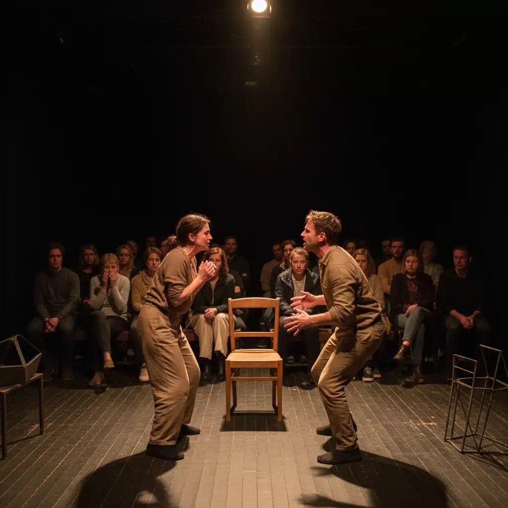 Público atento en un teatro independiente, disfrutando de una obra contemporánea con iluminación dramática.