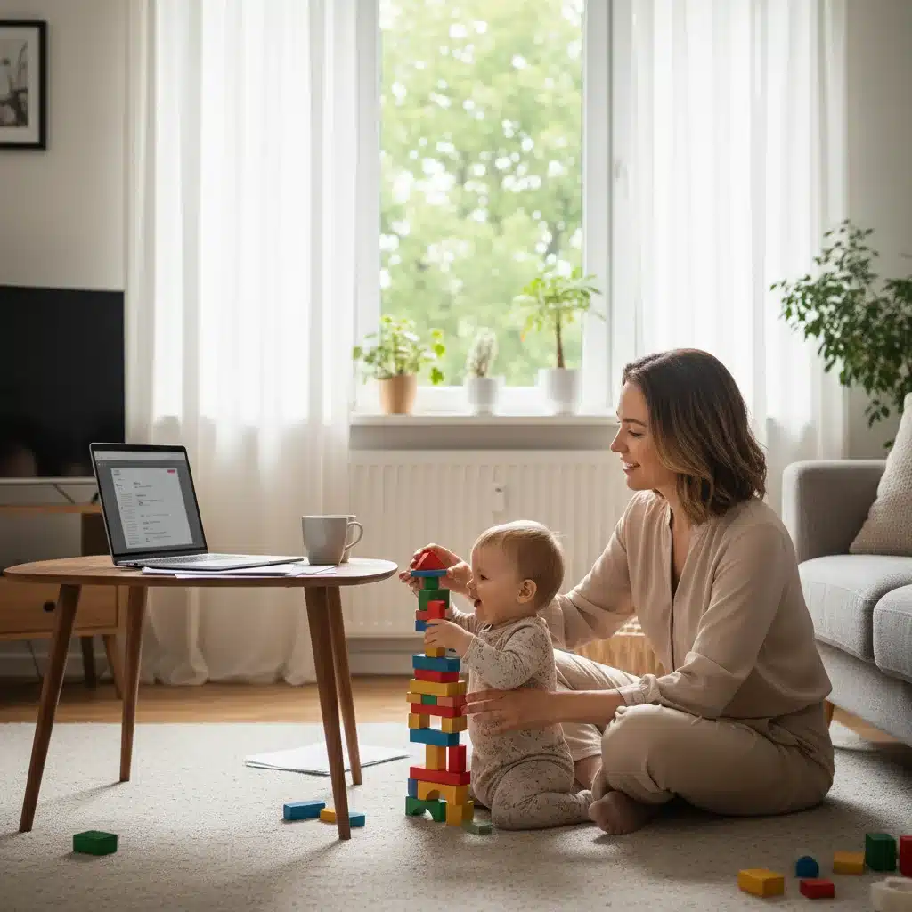 Padre teletrabajando mientras cuida a su hijo, ejemplo de flexibilidad laboral.