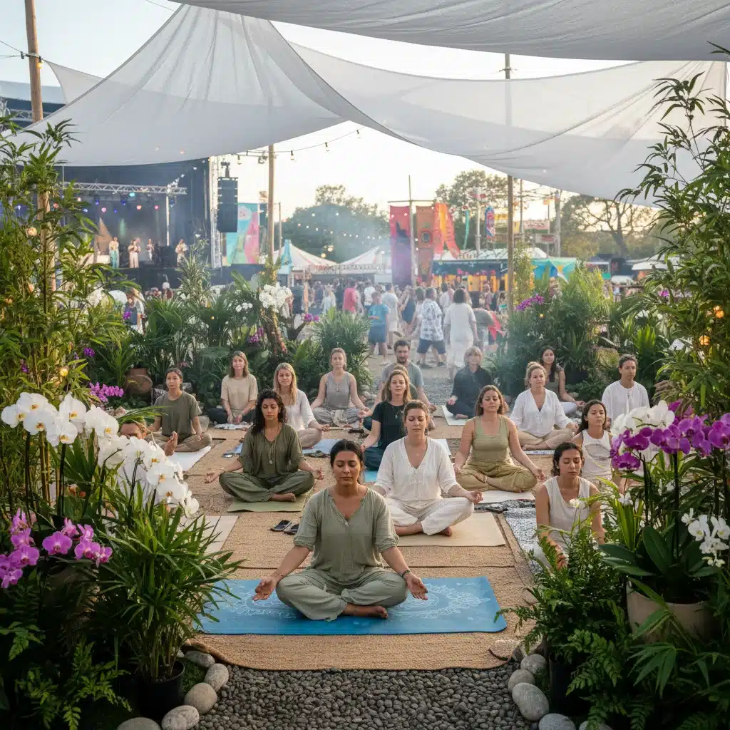 Zona de bienestar en un festival cultural, con personas practicando yoga y meditación en un ambiente tranquilo y natural.